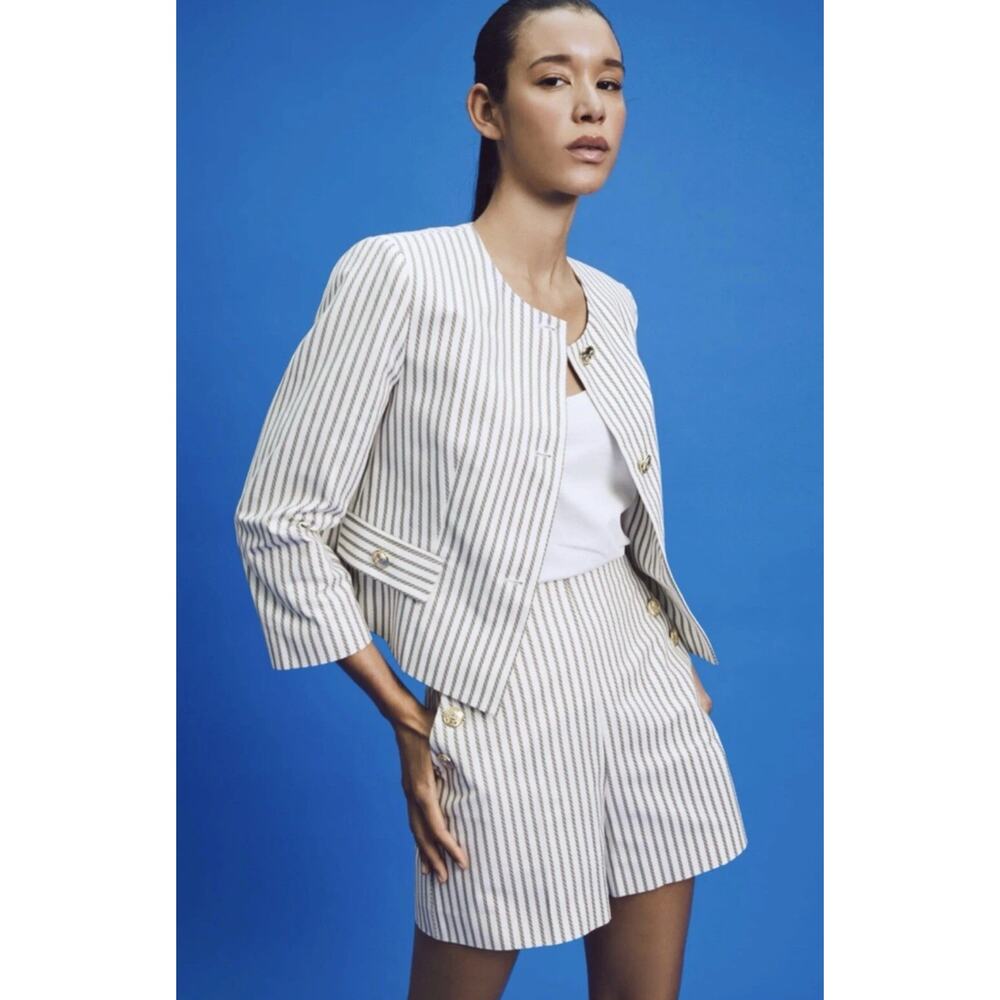NWOT Zara Navy Striped 3/4 Sleeve Cropped Blazer Jacket Size Large 2504